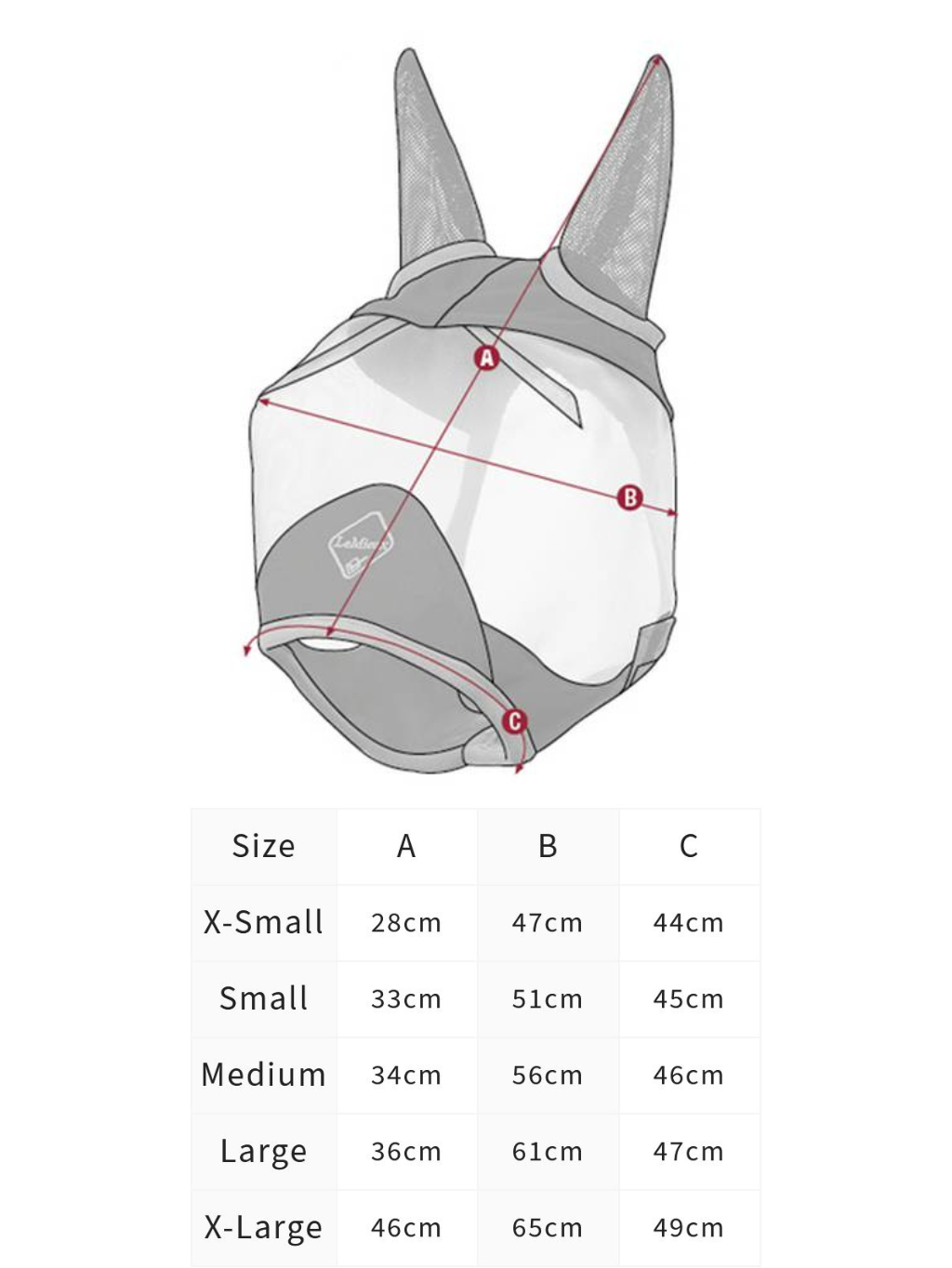 Size A B C X-Small 28cm 47cm 44cm Small 33cm 51cm 45cm Medium 34cm 56cm 46cm Large 36cm 61cm 47cm X-Large 46cm 65cm 49cm